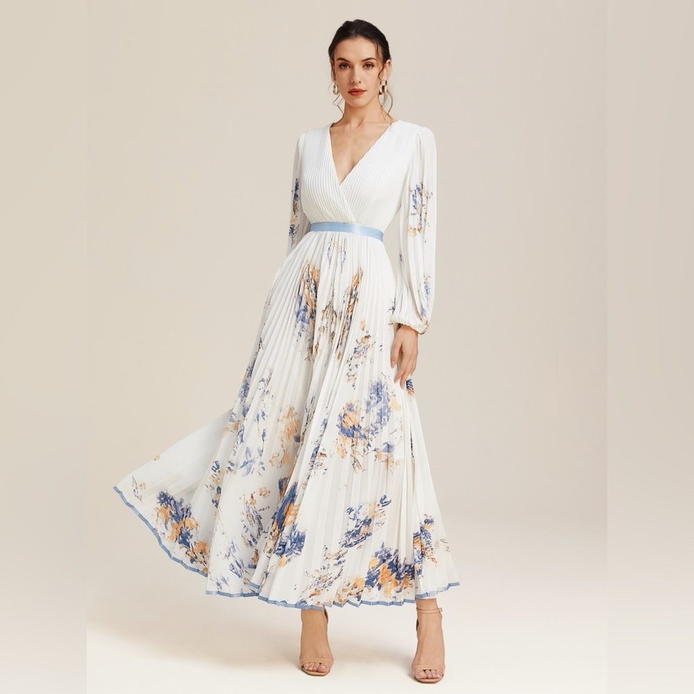 Fehaute Pleated Floral Chiffon V Neck Long Balloon Sleeve A-Line Maxi Dress